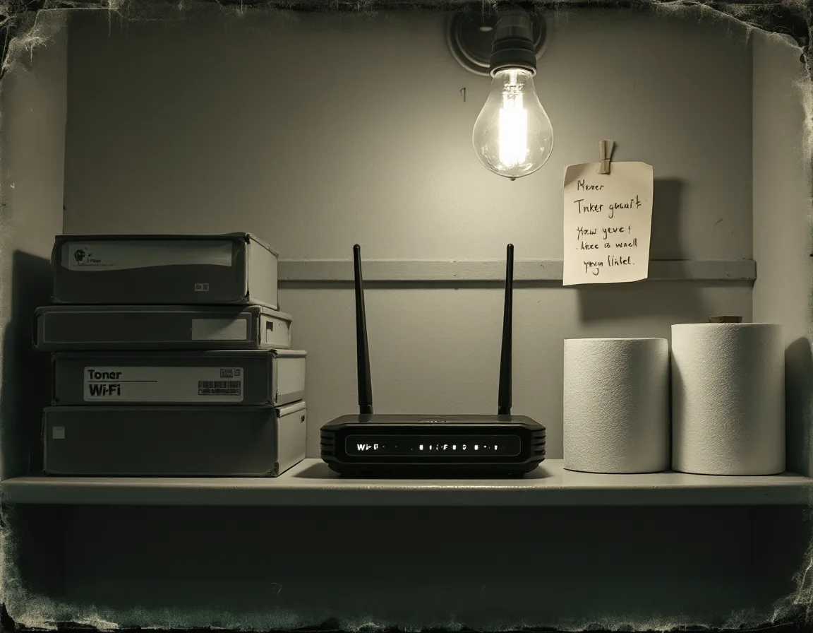 Antique tintype-style photo of a Wi-Fi router on a supply-closet shelf beside toner boxes and a sticky note