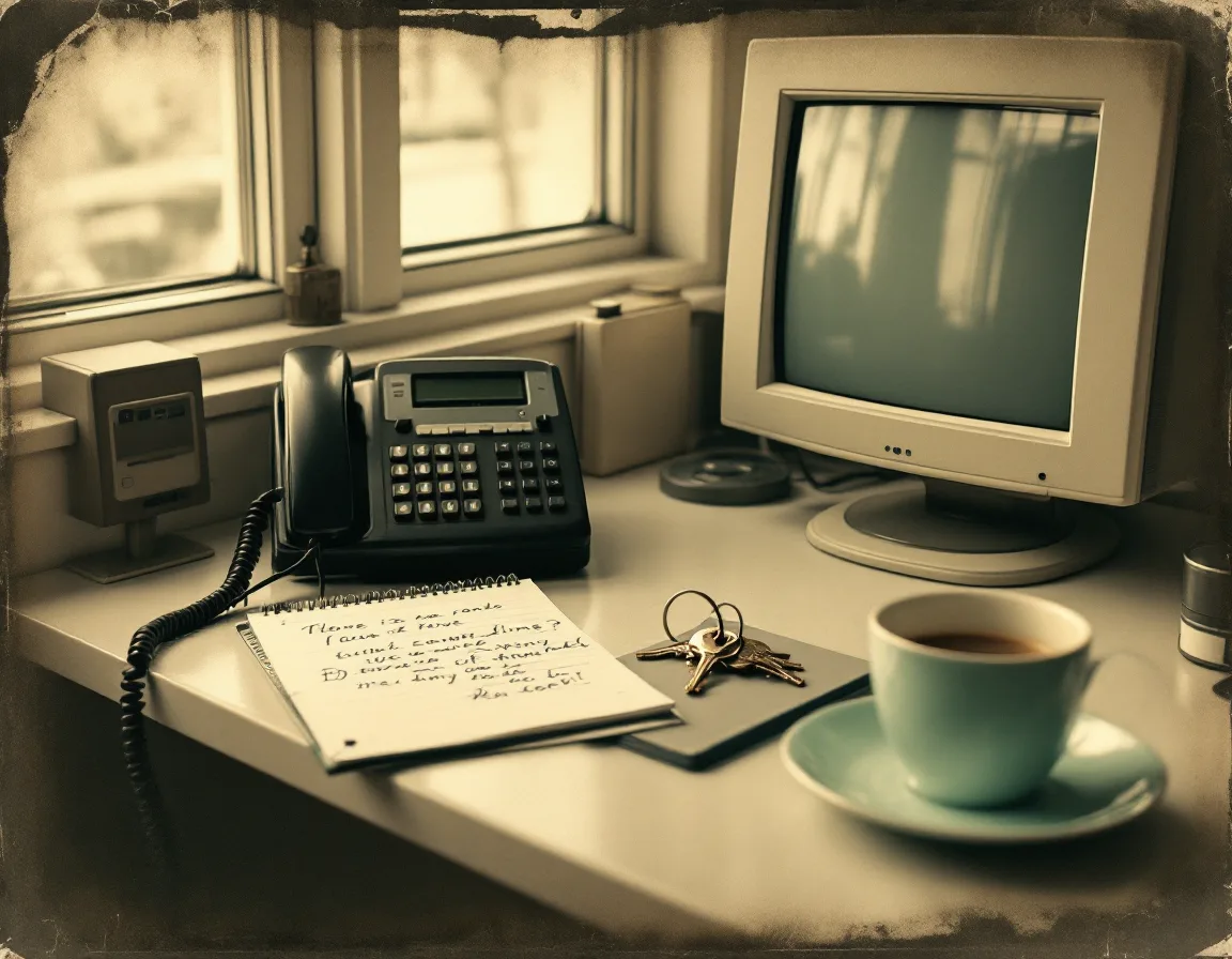 Antique tintype-style photo of a clinic front desk with a telephone, notepad and monitor