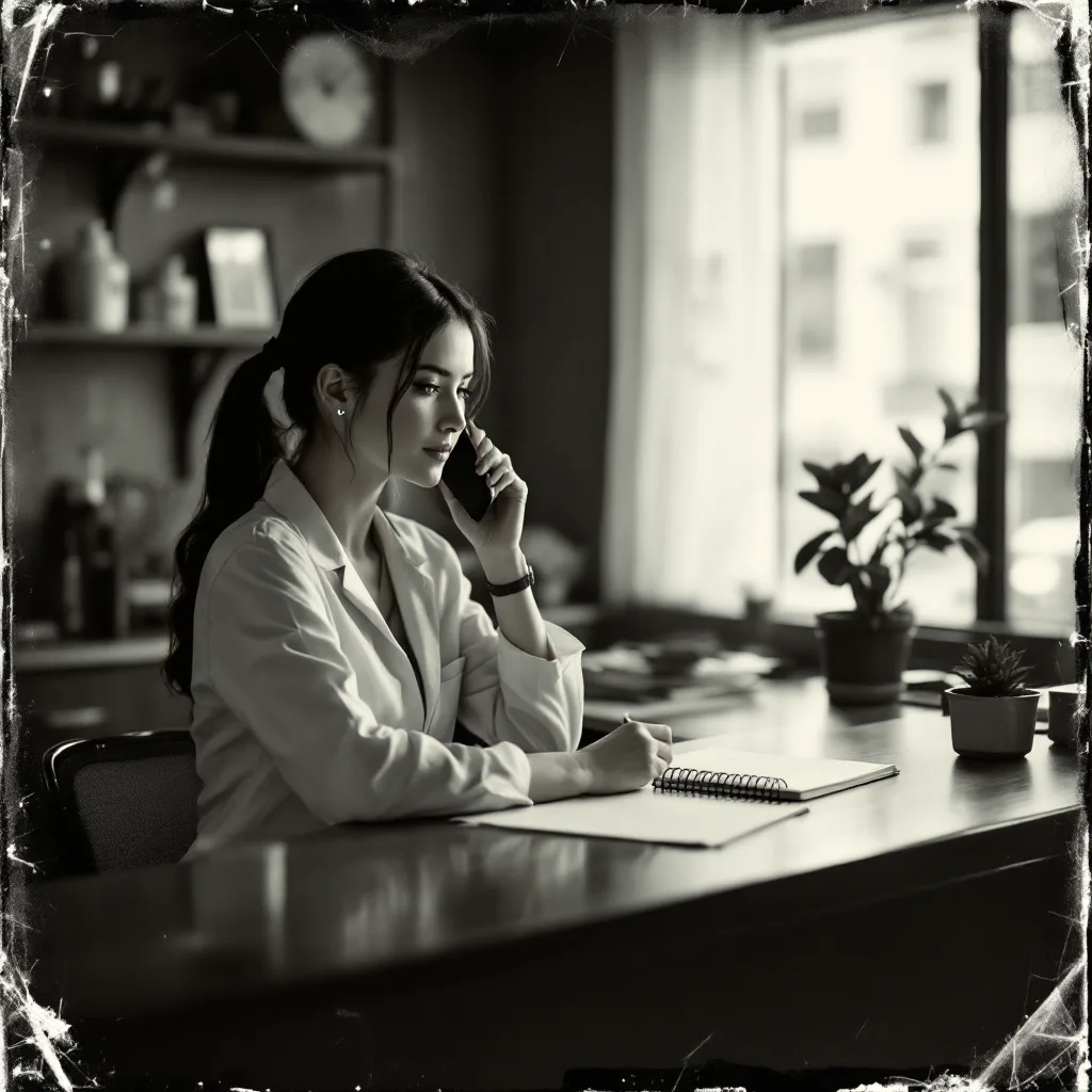 Antique tintype-style portrait of a receptionist on the phone at a clinic desk