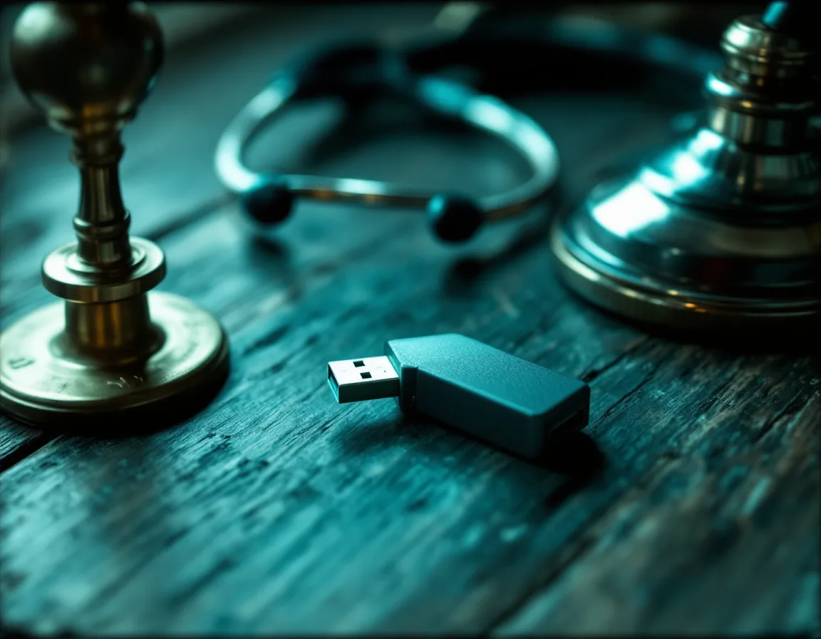 Antique tintype-style photo of a hardware security key beside a stethoscope on a wooden desk