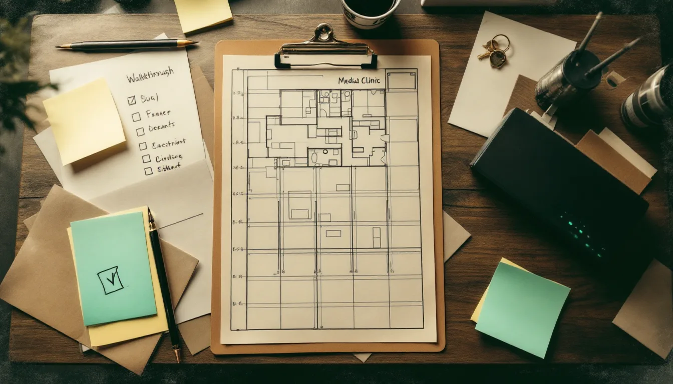 Antique tintype-style photo of a hand-drawn clinic floor plan with a clipboard, pencil and router on a wooden desk