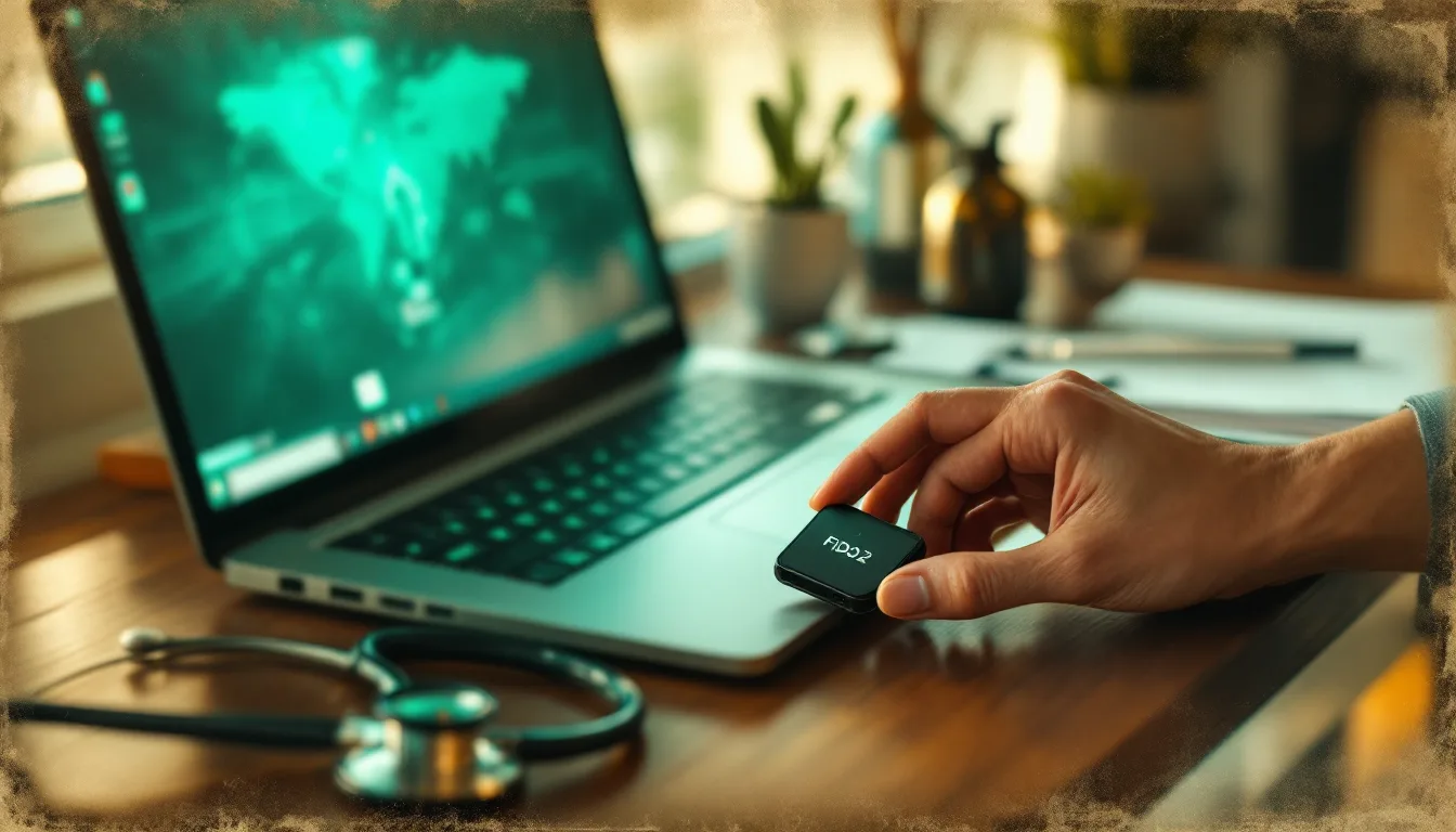 Antique tintype-style photo of a hand inserting a security key into a laptop at a clinic reception desk
