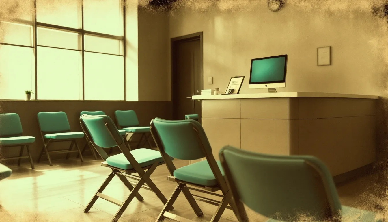 Antique tintype-style photo of chairs arranged in a clinic waiting room facing one monitor, with a sign-in sheet in the foreground