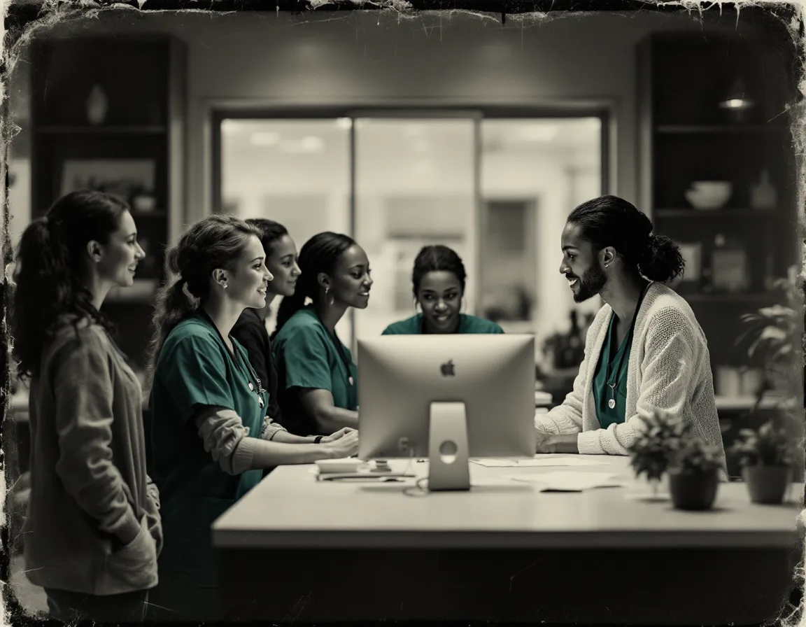 Antique tintype-style photo of clinic staff gathered around one monitor at a reception desk